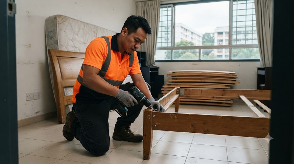 A mover in a hi-vis amber shirt dismantling a wooden queen bed frame in an HDB bedroom in Singapore