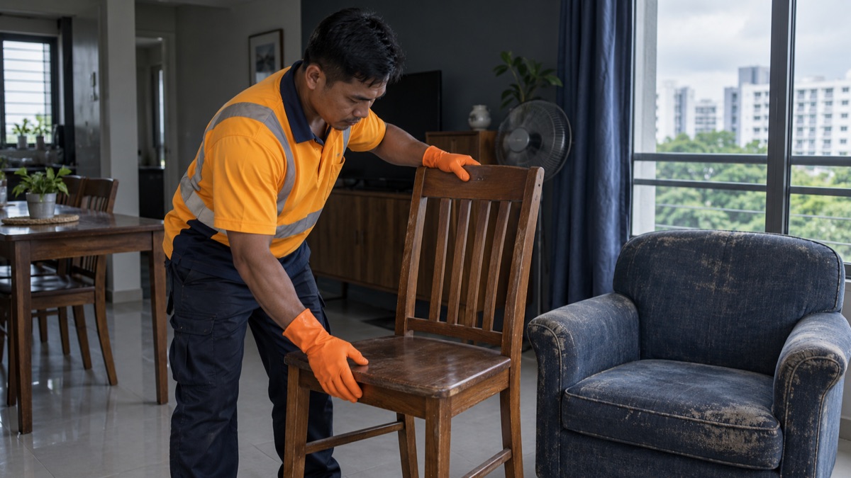 Mover checking furniture condition before deciding on reuse or disposal