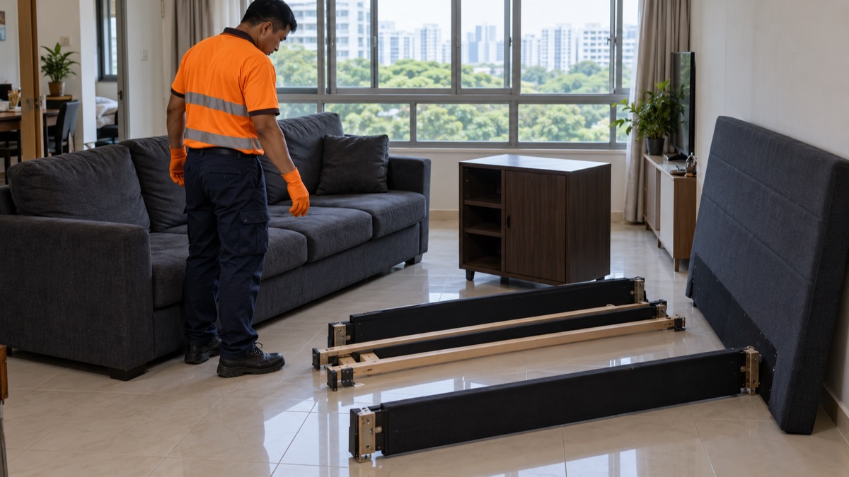 Mover assessing furniture for removal in a Singapore HDB living room