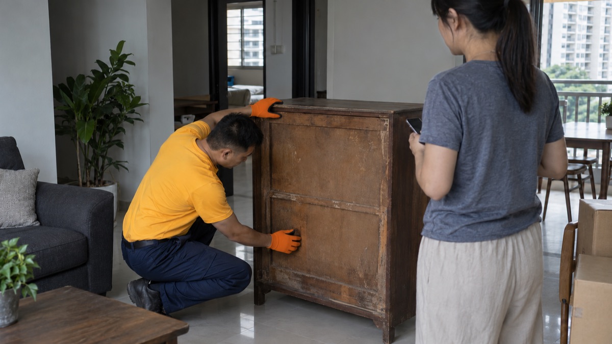 Resident showing a disposal collector the furniture to be assessed