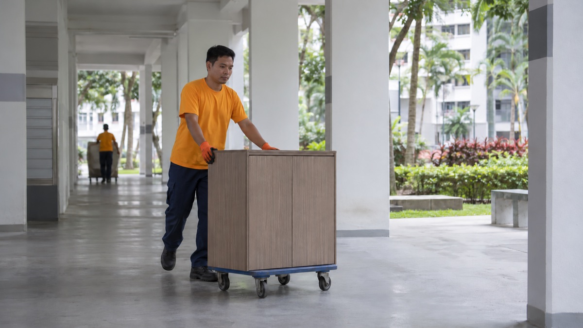 Furniture being collected along a clear HDB walkway before festive cleaning