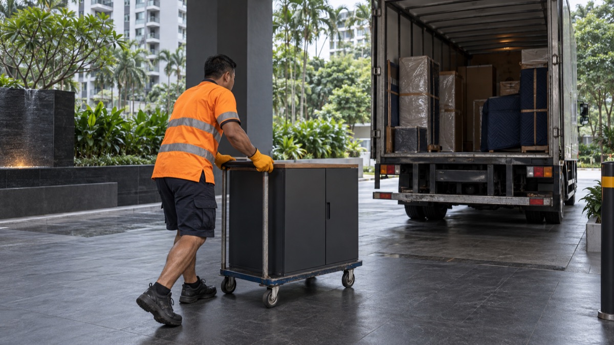 Mover bringing a cabinet to a lorry at a Singapore condo loading bay