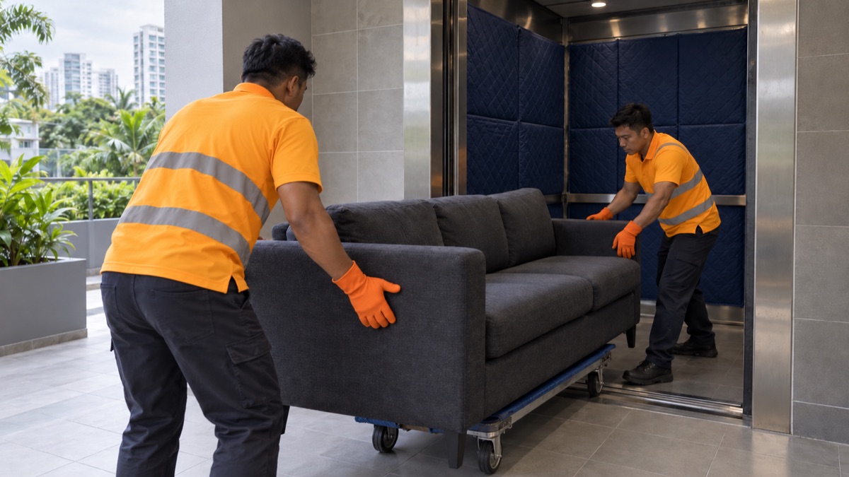 Movers guiding a sofa towards a padded condo service lift in Singapore