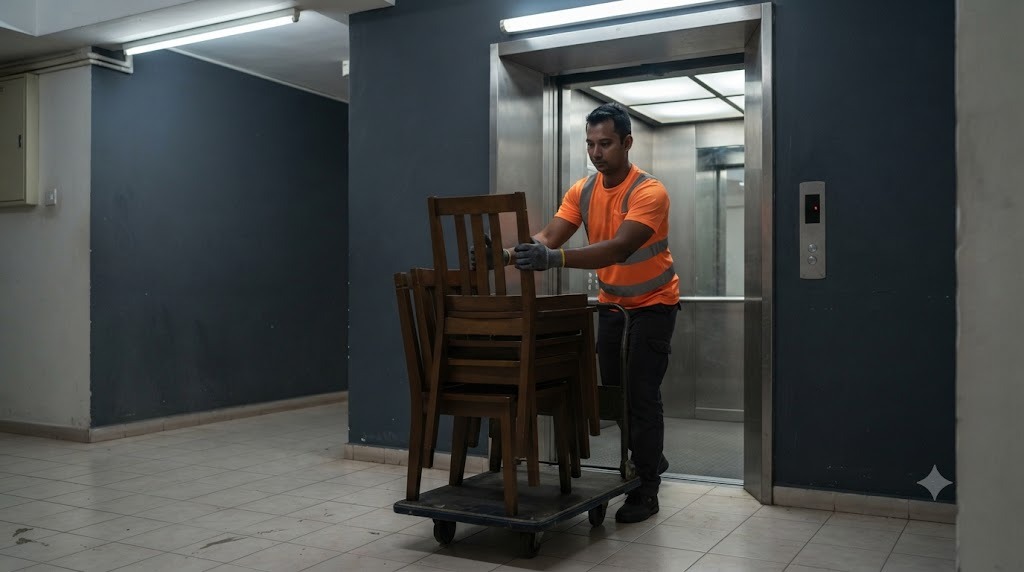 A mover in a hi-vis amber shirt loading stacked dining chairs into an HDB lift in Singapore