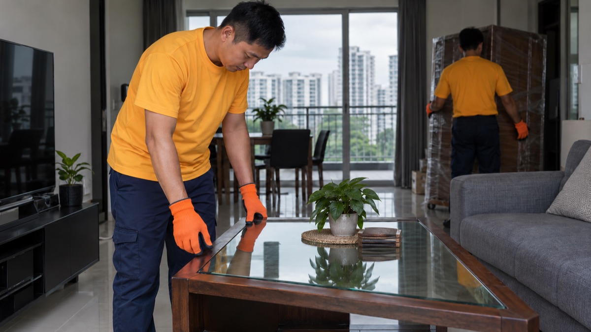 Mover assessing a glass-topped table before quoting for disposal