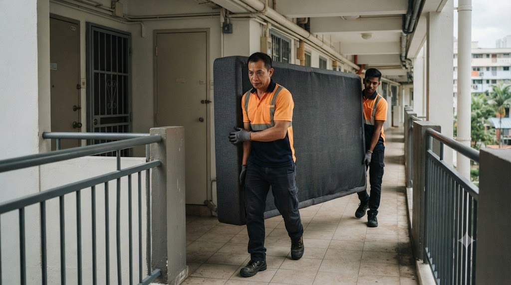 Two movers in hi-vis amber shirts carrying a heavy divan bed base along an HDB corridor in Singapore
