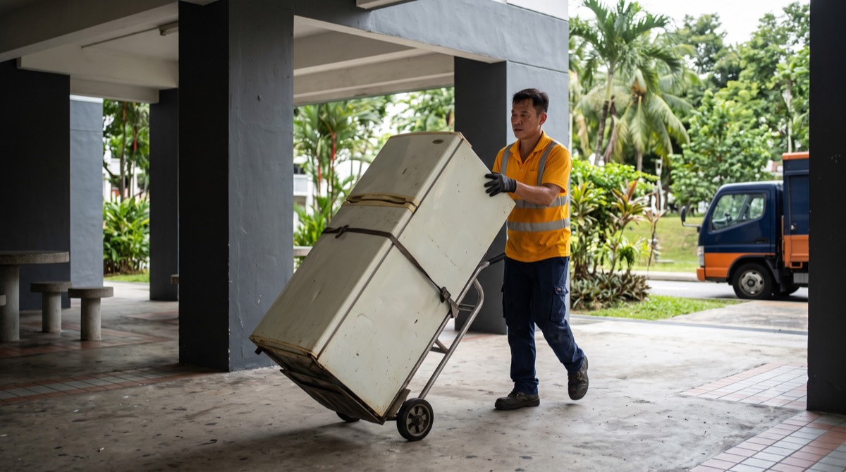 An old refrigerator being wheeled out on a trolley for licensed e-waste disposal in Singapore