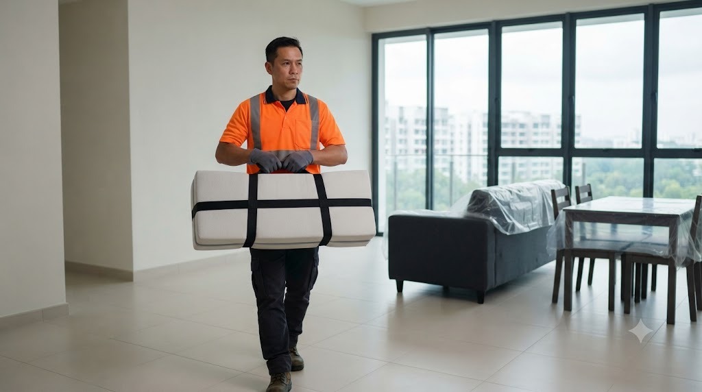A mover in a hi-vis amber shirt carrying the last furniture out of an empty rental condo unit before handover in Singapore
