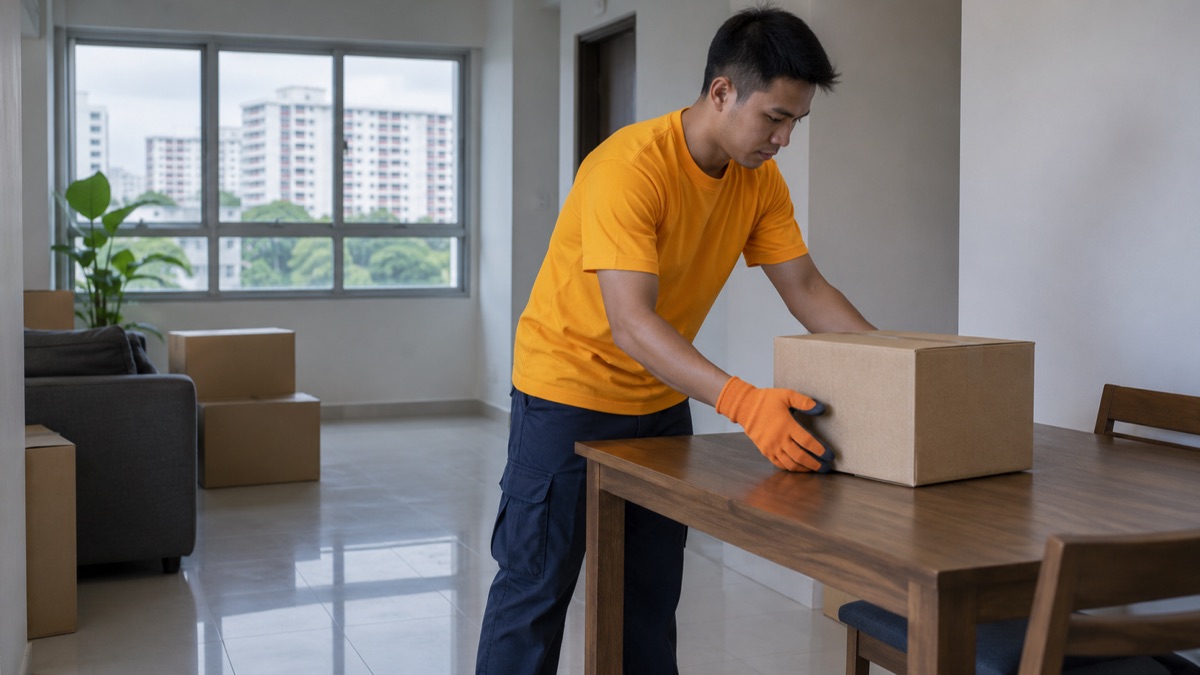 Mover carefully setting aside a closed box during an estate clearance