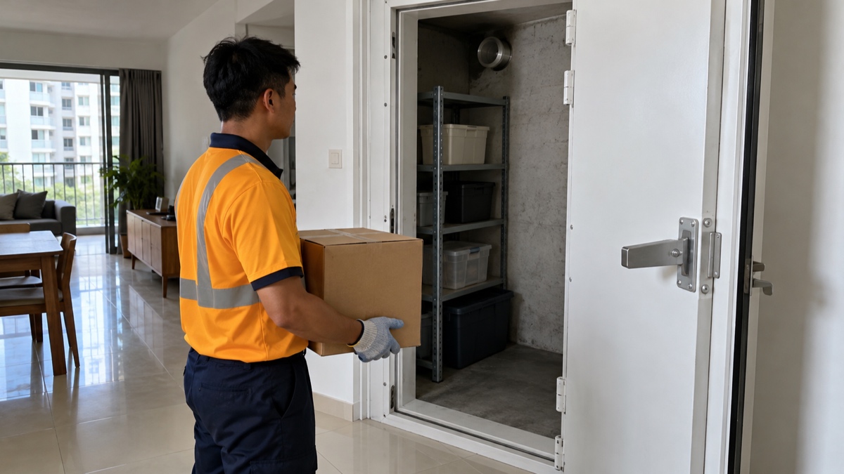 Mover sorting boxes at the open steel door of an HDB household shelter