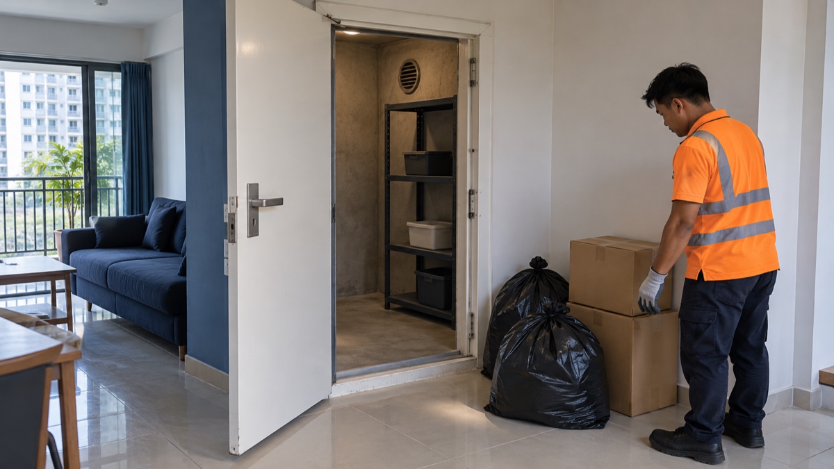 Bagged clutter and plain boxes sorted inside a flat beside its cleared household shelter
