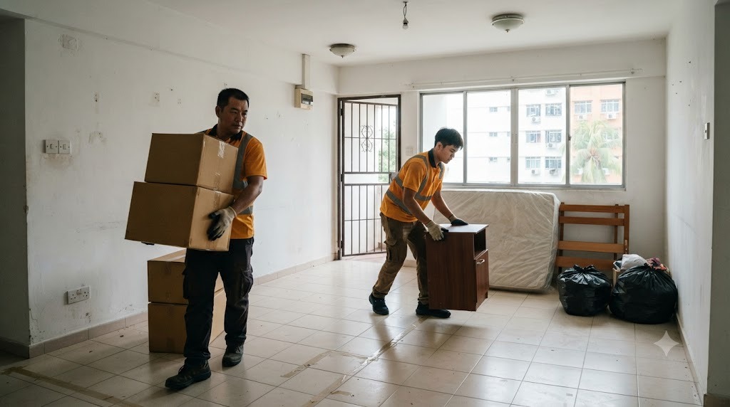 A two-man crew clearing furniture from an empty HDB flat