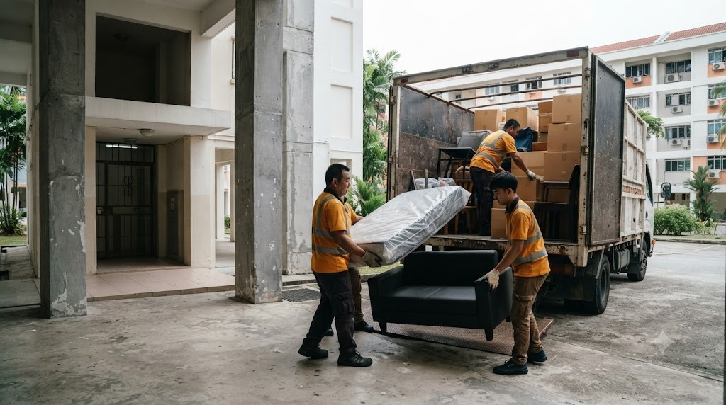 A crew in hi-vis amber shirts loading furniture and boxes from a full-flat clearance into a lorry at an HDB void deck in Singapore