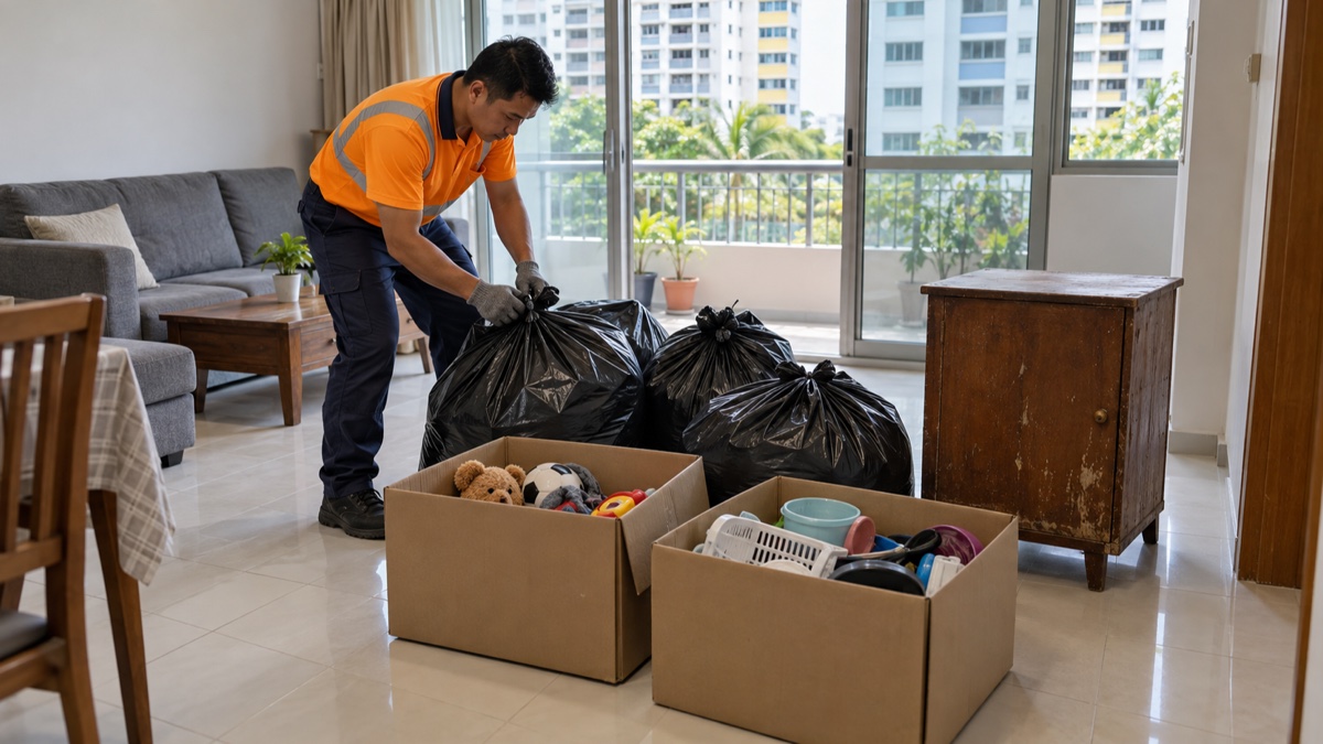 Mover checking bagged household clutter and boxes in a Singapore HDB living room