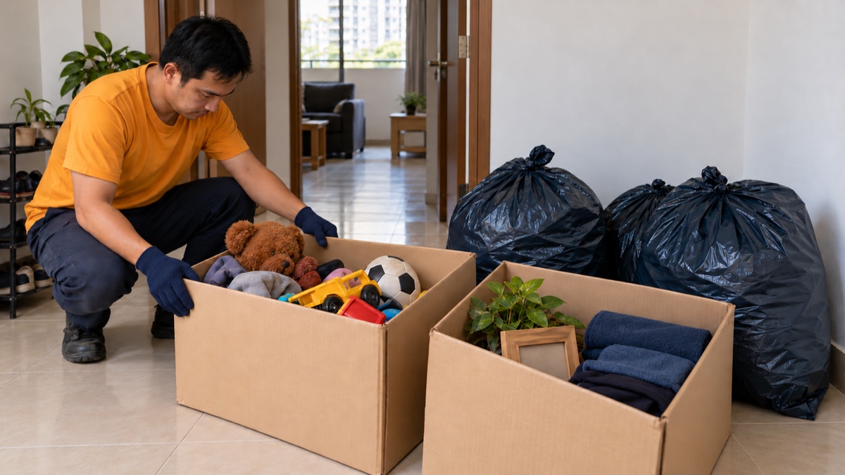 Sorted boxes and bagged household junk ready for collection inside an HDB flat