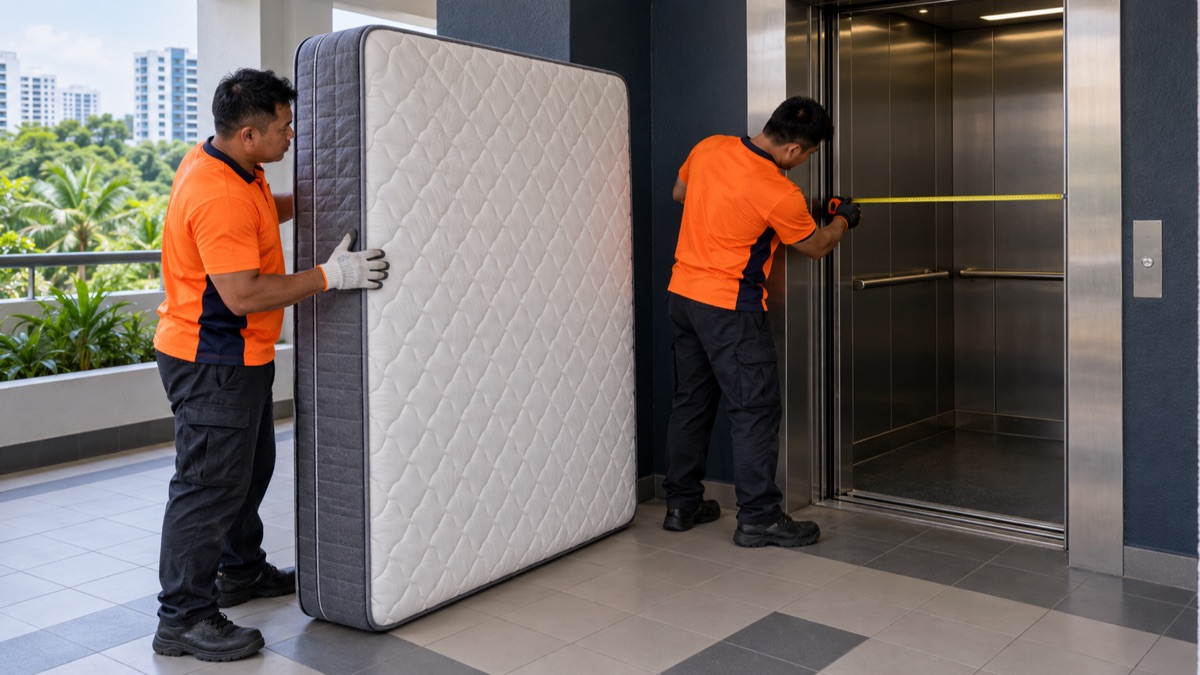 Movers checking an upright king mattress beside an HDB lift in Singapore