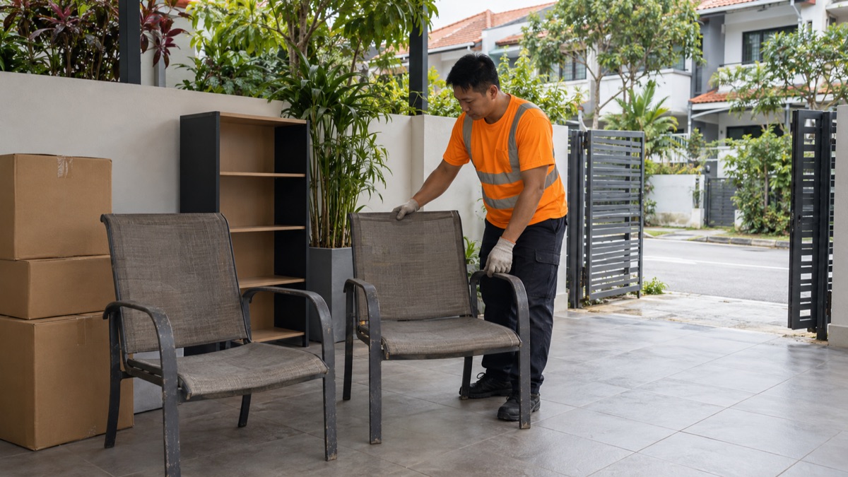 Mover gathering outdoor chairs and boxes in a Singapore landed home's covered car porch