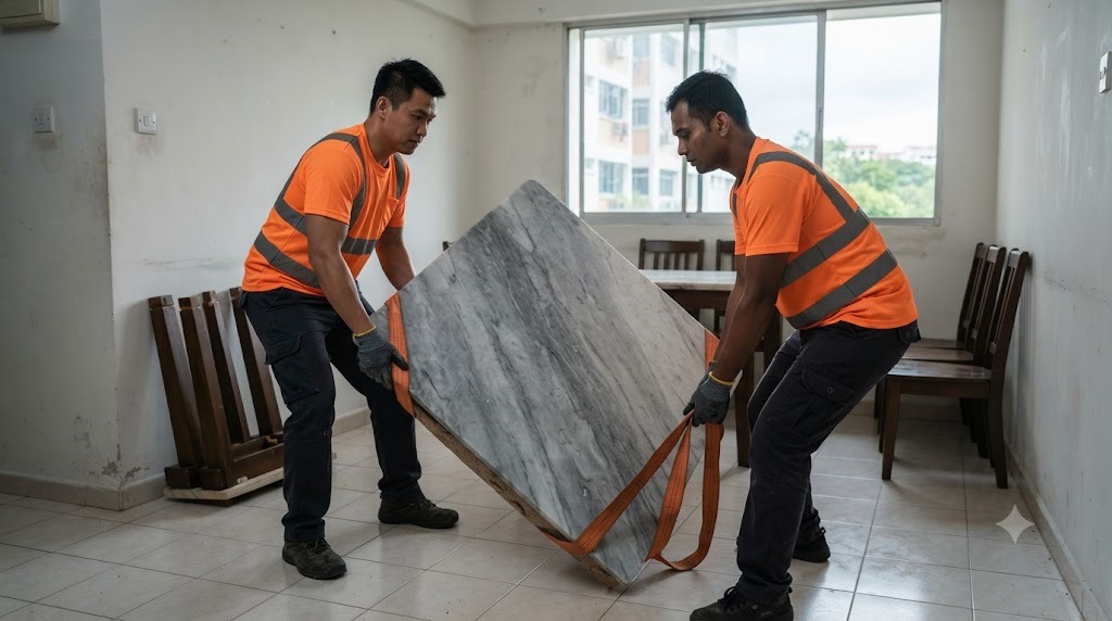 Two movers in hi-vis amber shirts lifting a marble-top dining table on its edge in a Singapore flat