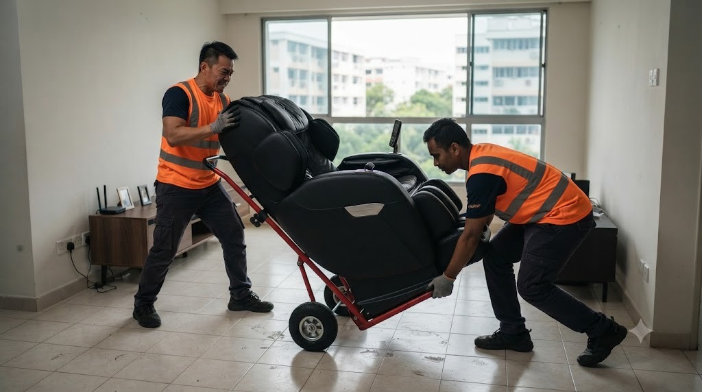 Two movers in hi-vis amber shirts tilting a heavy massage chair onto a trolley in an HDB living room in Singapore