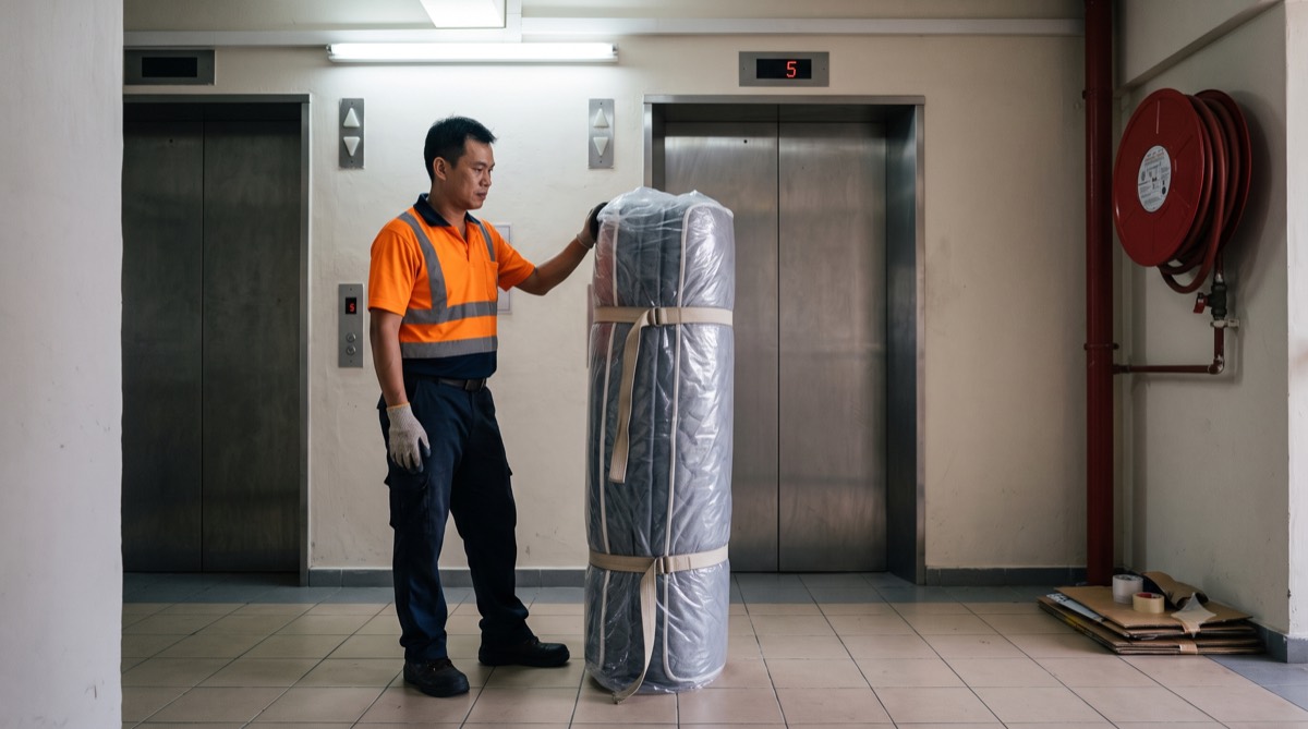 Rolled-up king mattress standing in an HDB lift lobby ready for disposal