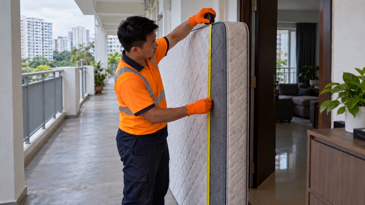 Mover measuring a mattress at an HDB flat doorway before collection