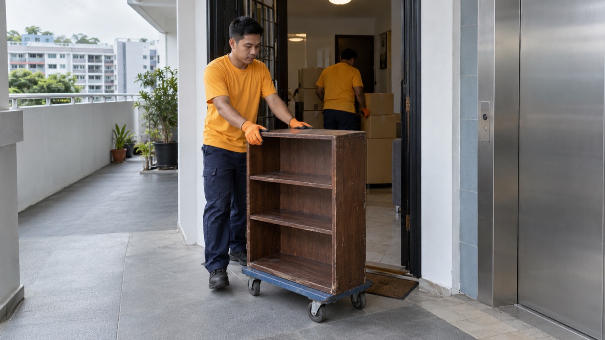 An old bookcase being collected before the household move