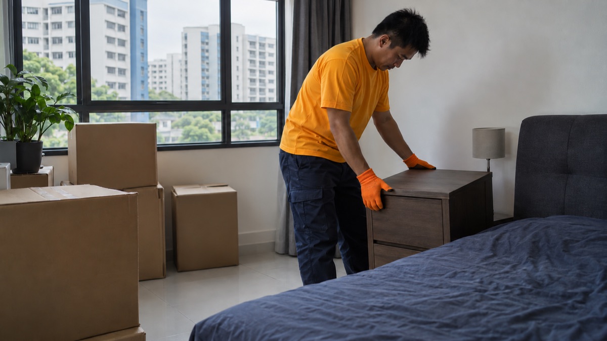Unwanted bedroom furniture separated from boxes packed for a house move