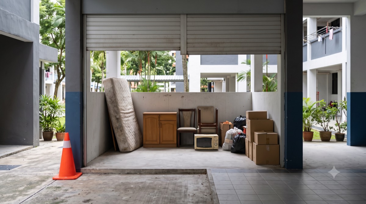 Assorted bulky waste and appliances gathered at an HDB bin centre in Singapore