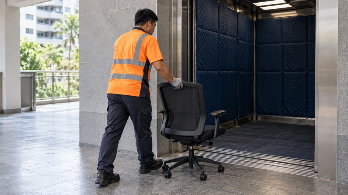 Mover guiding one office chair towards a padded goods lift in a Singapore office building