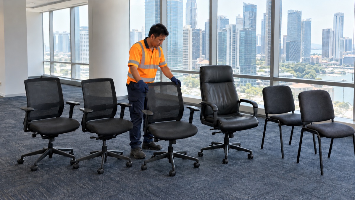 Mover checking rows of unwanted office chairs in a Singapore office
