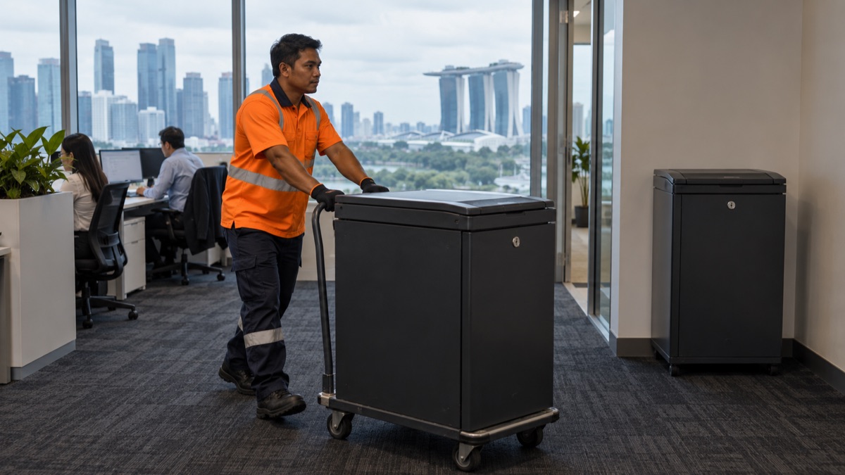 Mover handling closed document containers in a Singapore office