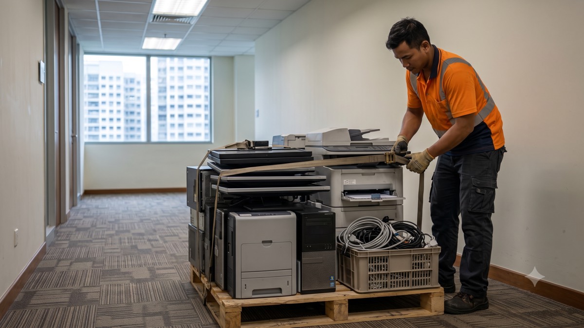 A worker strapping a pallet of PCs, printers and cabling for office e-waste collection