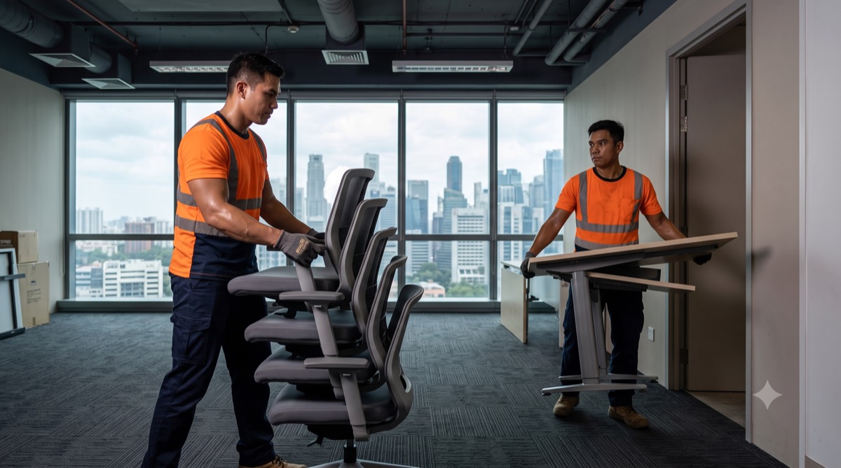Crew clearing office desks and chairs from a Singapore CBD unit into a lorry