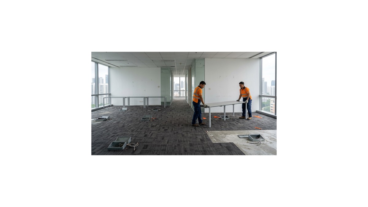 Two workers carrying a table out of a stripped-back Singapore office unit ready for reinstatement handover