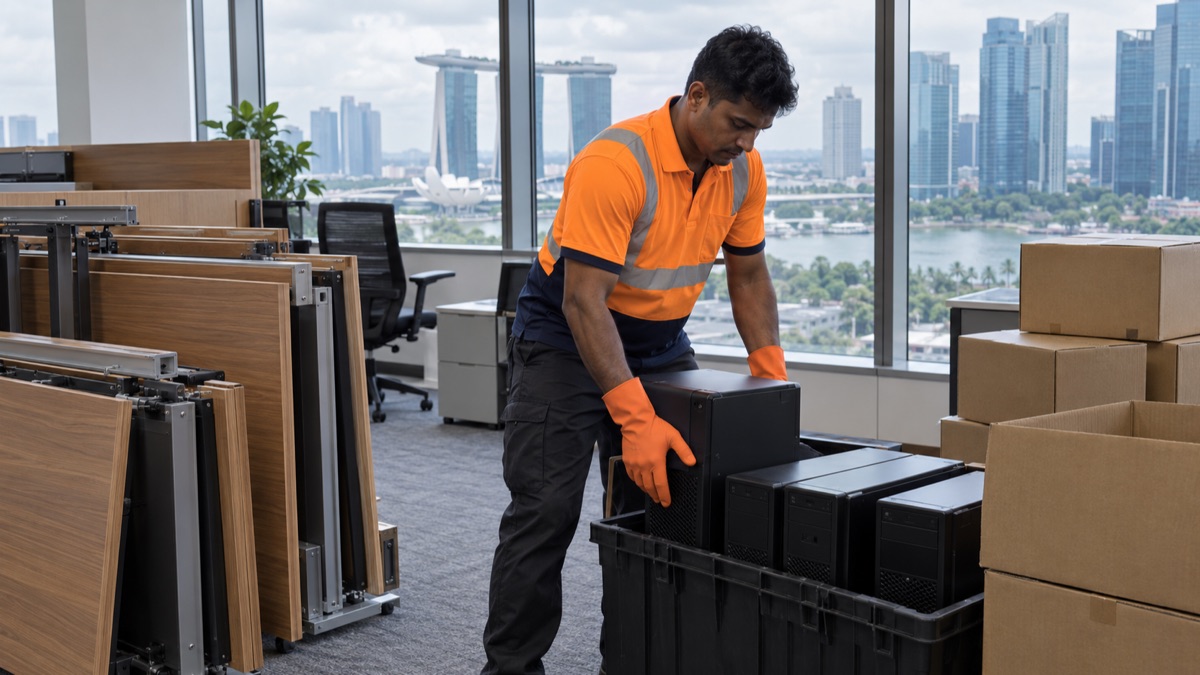 Mover separating furniture, computers and boxes during a Singapore office clearance