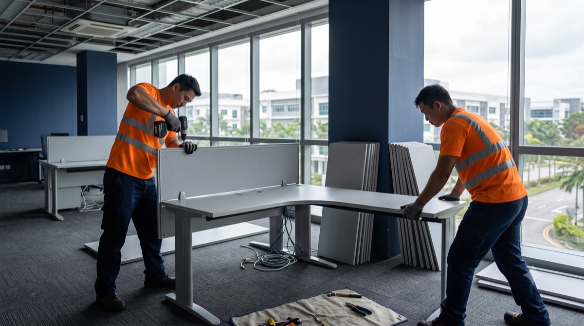 Movers dismantling office workstation partitions and desks in a Singapore business park unit