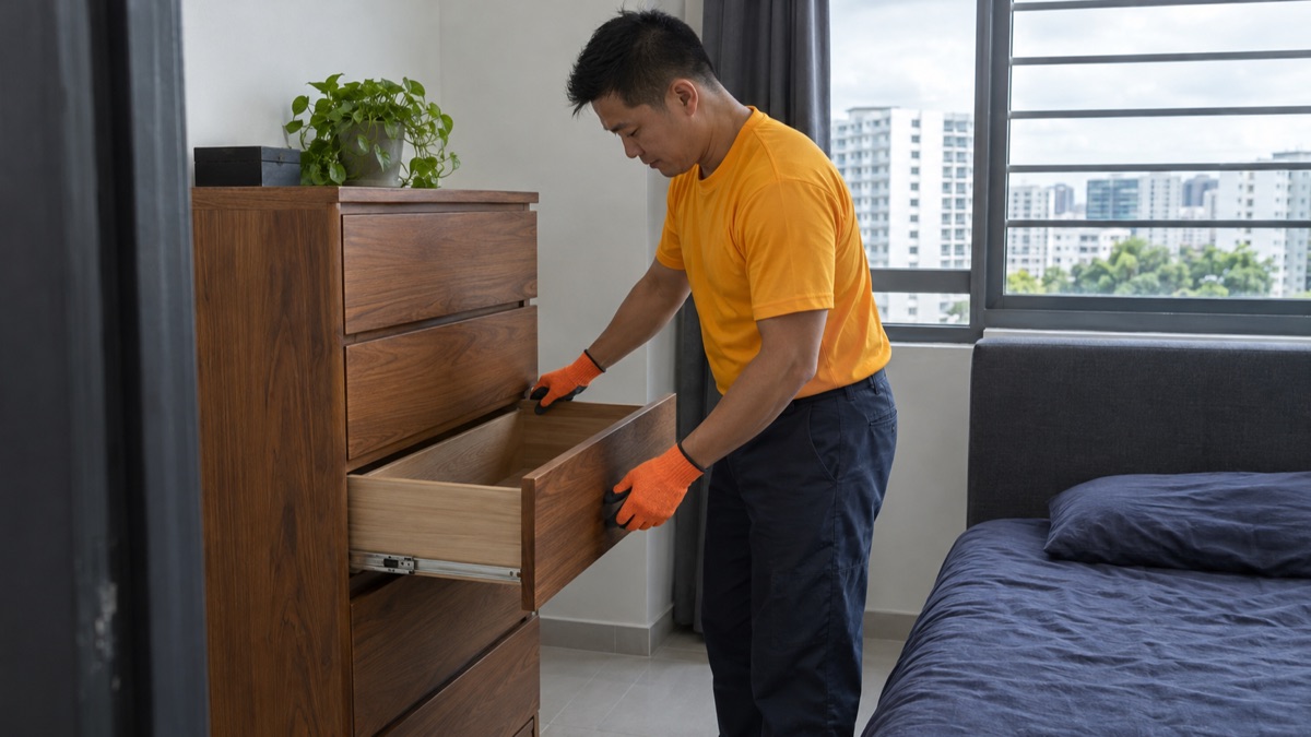Mover checking an empty chest of drawers before collection