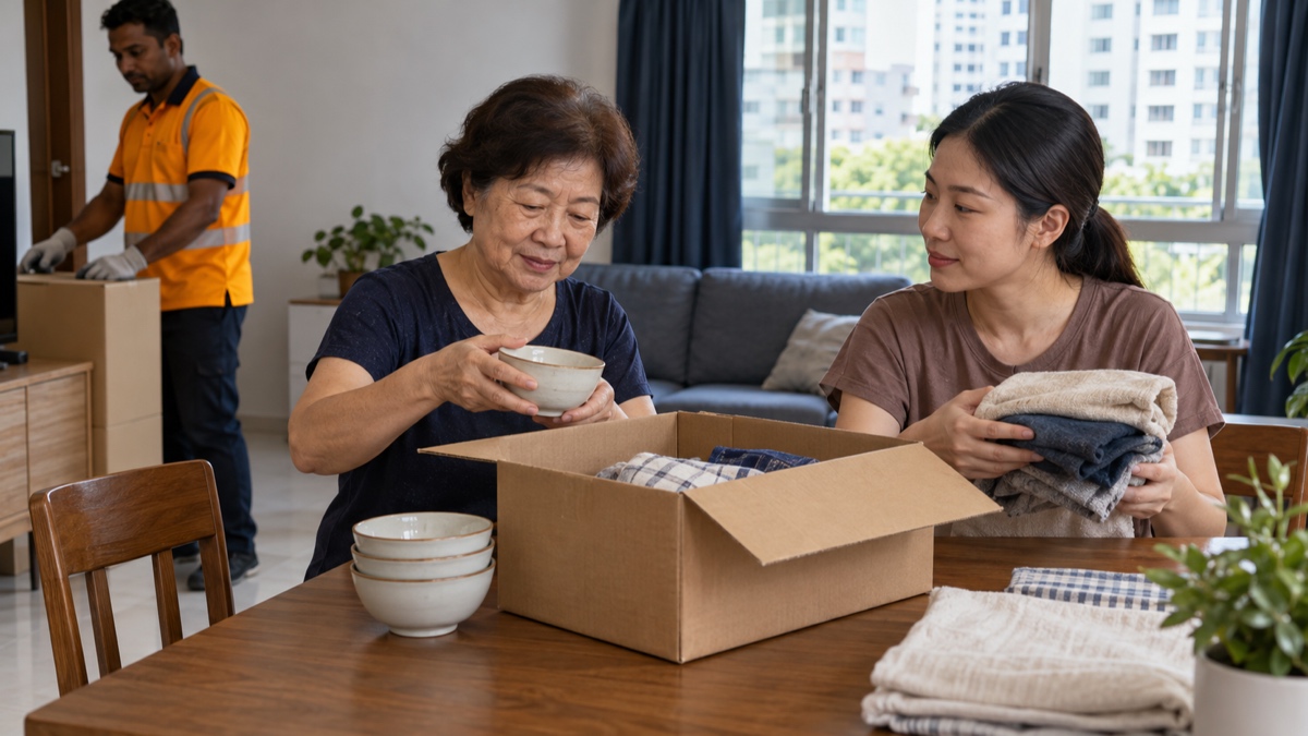 Older parent and adult daughter choosing what to keep in their Singapore HDB home