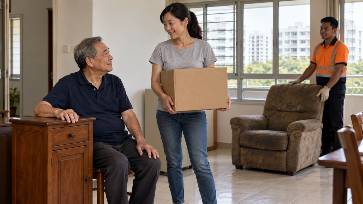 Parent choosing a small cabinet to keep while a mover checks furniture in an HDB flat