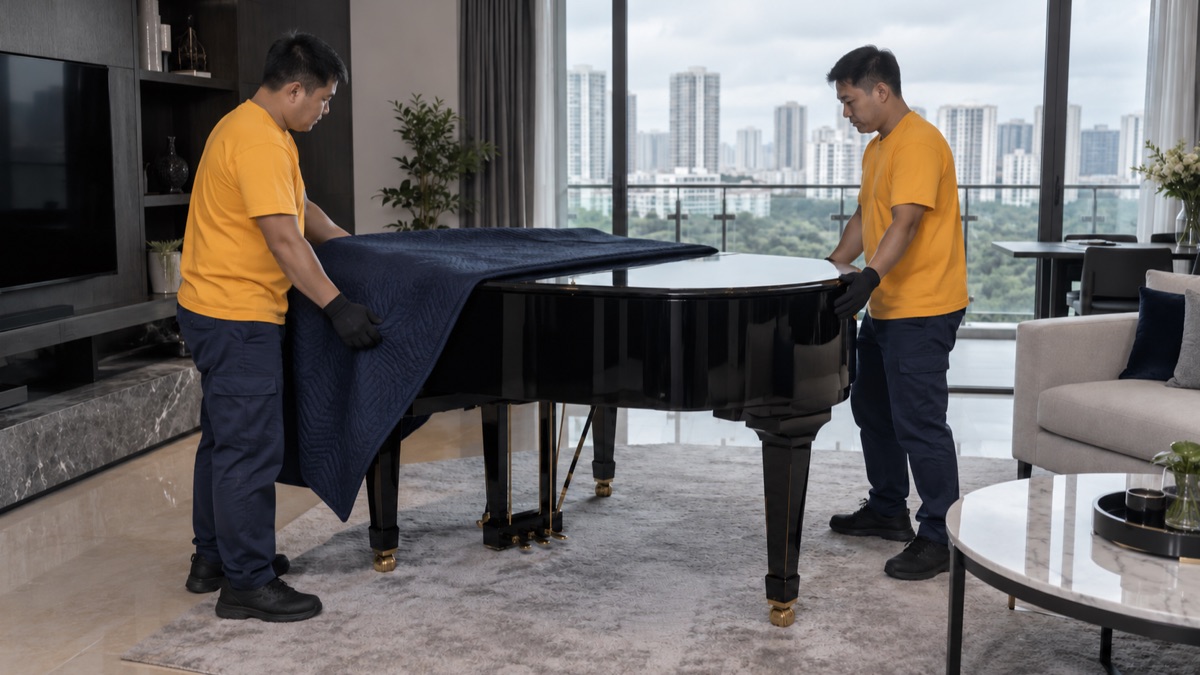 Movers planning protection before a grand piano disposal