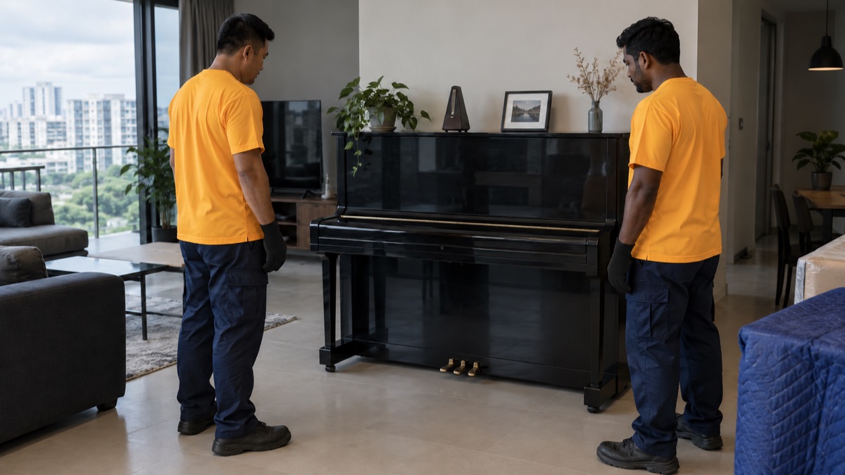 Movers assessing an upright piano and its exit route in an HDB flat
