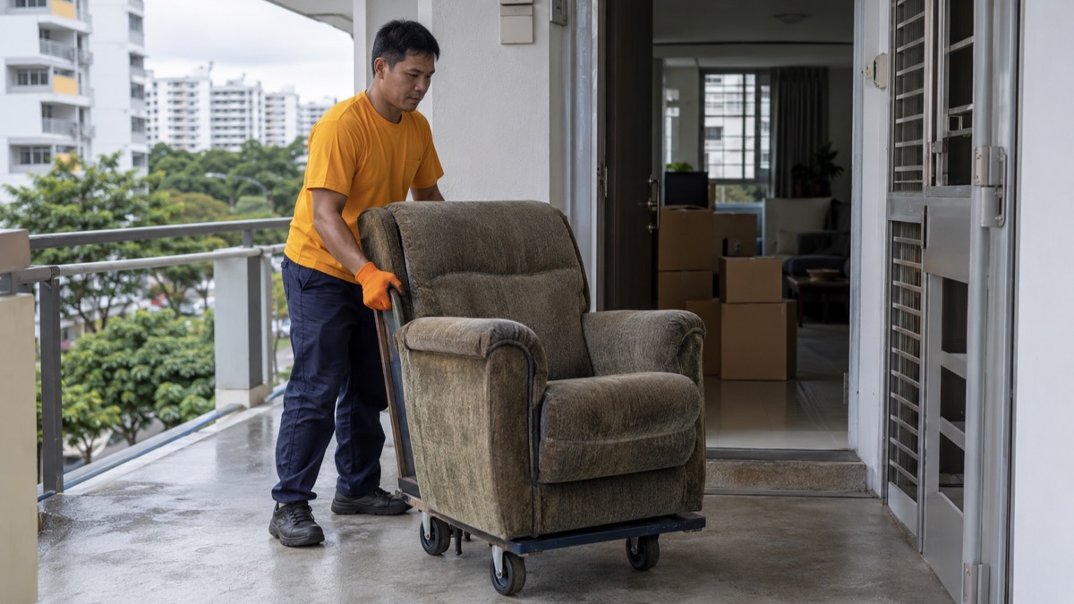 Mover separating an unwanted armchair from belongings packed for a move