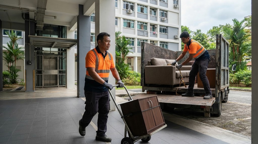 A disposal lorry and crew collecting furniture at an HDB block on a same-day job