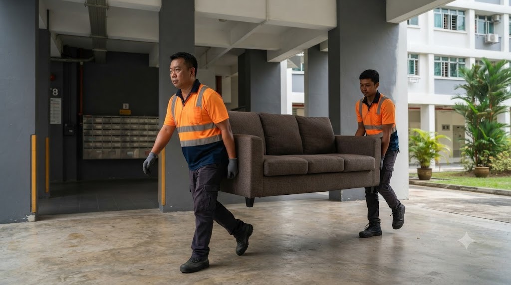 Two movers in hi-vis amber shirts carrying a sofa through an HDB void deck during a same-day furniture disposal in Singapore
