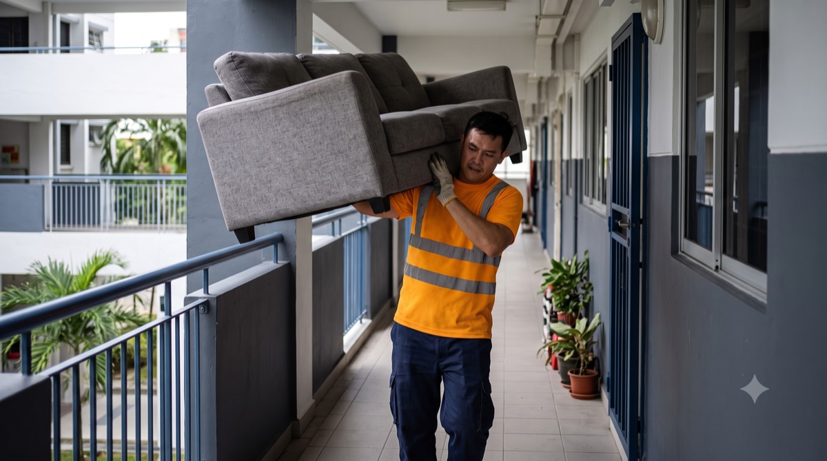 Mover in a hi-vis amber shirt carrying an old three-seater sofa along an HDB corridor in Singapore