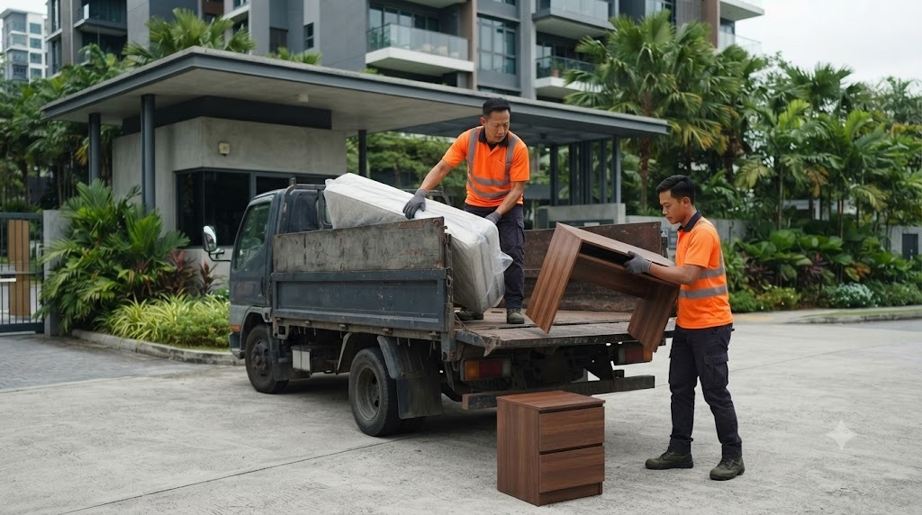 A crew in hi-vis amber shirts loading a tenant's furniture into a lorry outside a Singapore condo before a tenancy handover