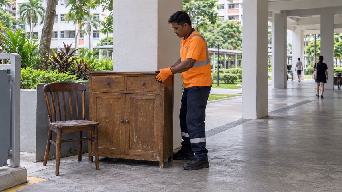 Mover beside furniture awaiting an arranged collection near an HDB void deck