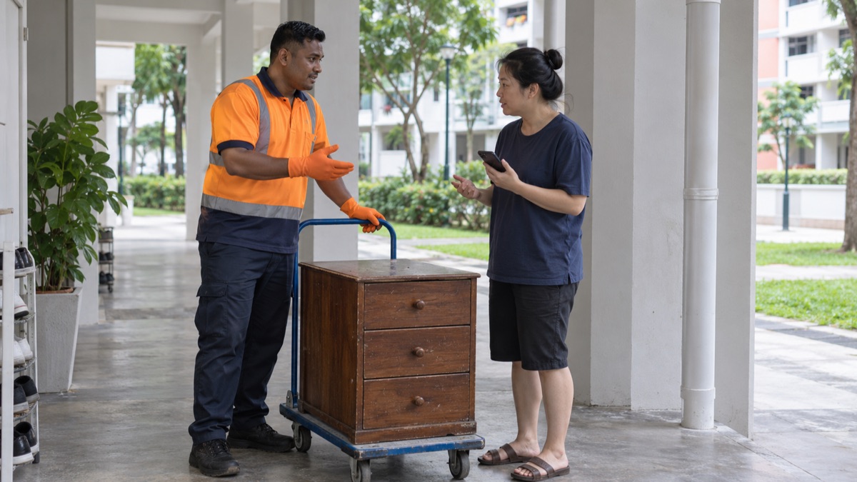 Resident discussing a furniture collection with a mover at an HDB void deck