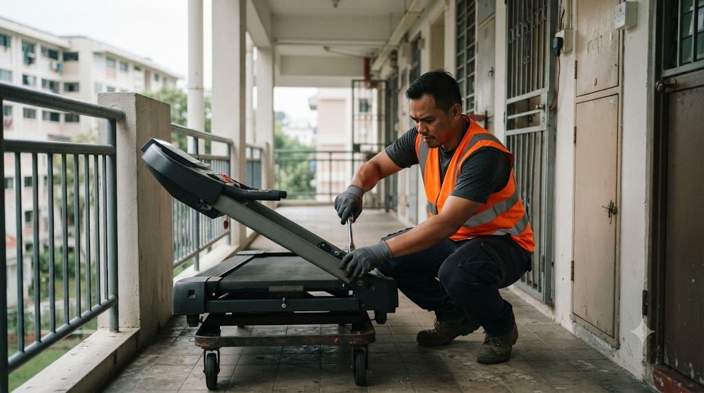 A mover in a hi-vis amber shirt dismantling a folded treadmill in an HDB corridor in Singapore