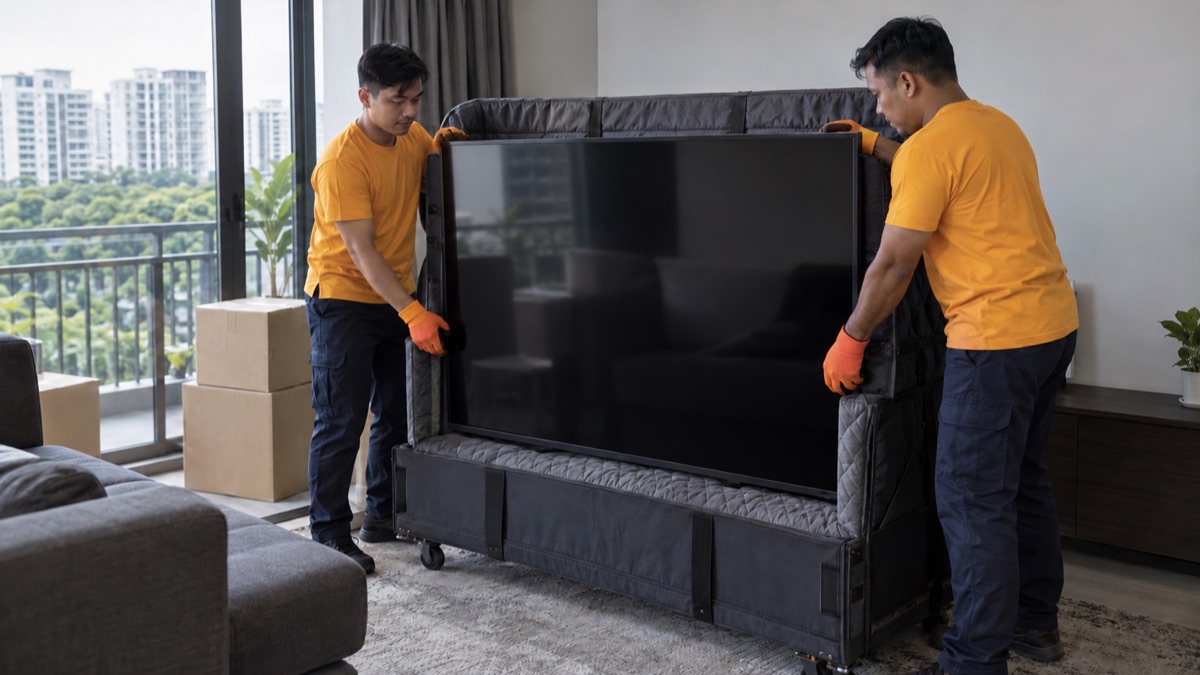 Movers preparing a large television for separate e-waste collection